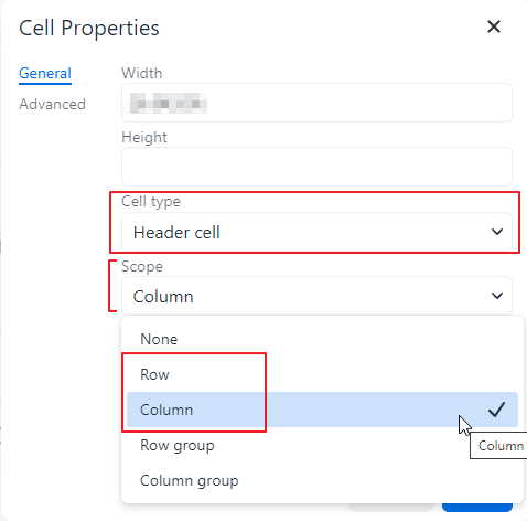 screen shot displaying the popup table cell properties