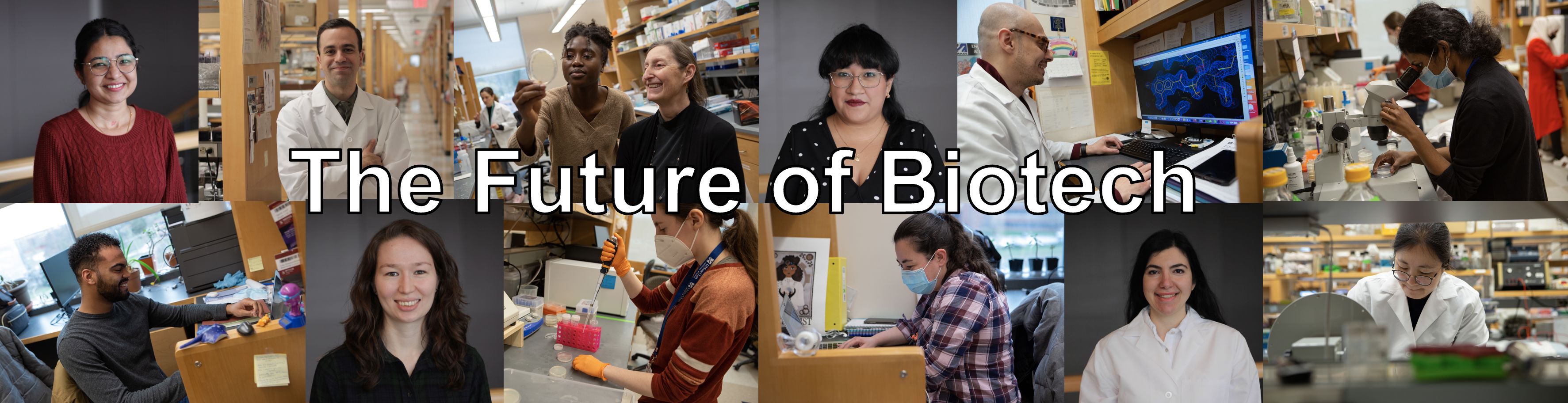 Pictures of lots of different scientists in the lab or smiling in headshots.