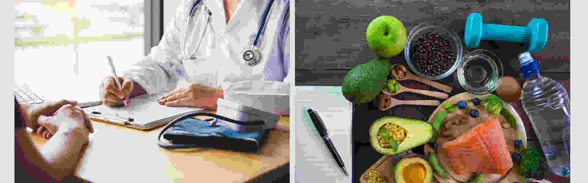 Image of doctor speaking with patient, fruits and vegetables with a notebook, water bottle, and weight