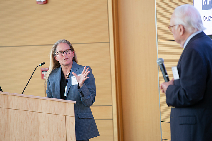 Beth McCormick, PhD, and Thoru Pederson, PhD, interact during the question-and-answer session.