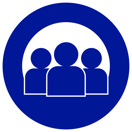 circular blue icon with three figures, representing a team of people