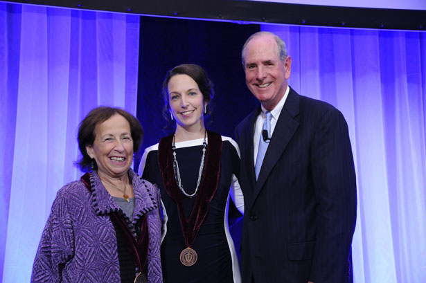 Judith Ockene, PhD, the 2013 Chancellor’s medalist for Distinguished Service, with Tiffany Moore Simas, MD, MPH, MEd, the new Joy McCann Professor for Women in Medicine and Chancellor Collins