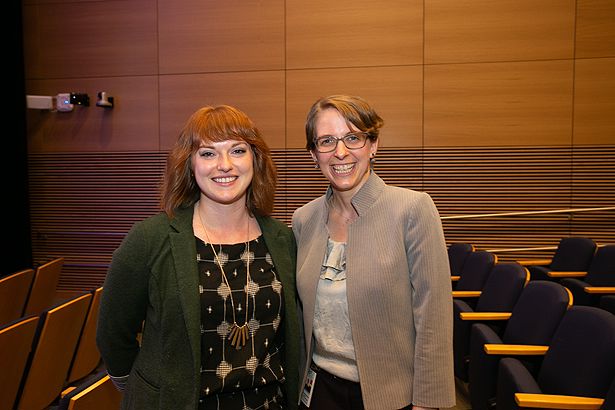 Mackenzie Flynn, left, recipient of the Zelda Haidak Memorial Scholarship, stands with Morgan Thompson, PhD, after the ceremony.