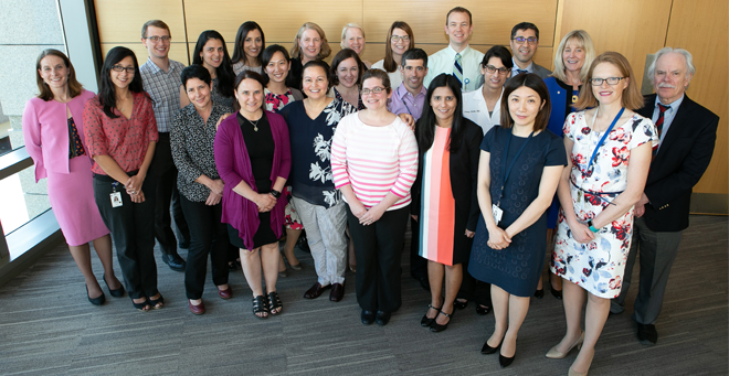 The Junior Faculty Development Class of 2018 is pictured with Office of Faculty Affairs leaders Luanne Thorndyke and Robert Milner (back row, second from right and far right) and Susanne Muehlschlegel (front row, far right).