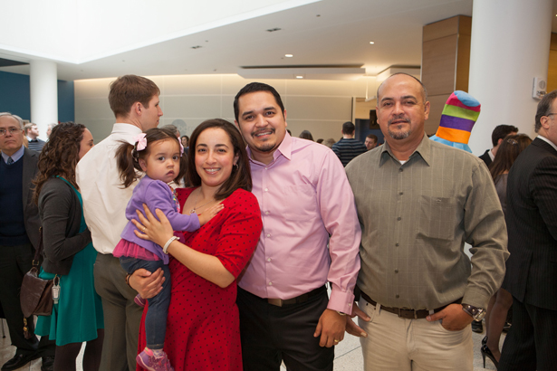 And 18-month-old Gabriella poses with mom Alison Lima, future doctor of family medicine at Pennsylvania’s Lancaster General Hospital, and dad Donald Espinoza and proud grandpa Marlon Espinoza.