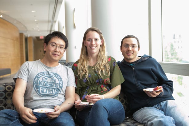 Bo Han with postdoctoral scholars Kaycee Quarles and Paul Albosta