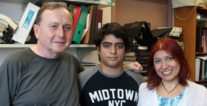 Sergio Nunez Baez (center) is pictured with principal investigator Jeffrey Nickerson, PhD, and Teresita Padilla-Benavides, PhD.