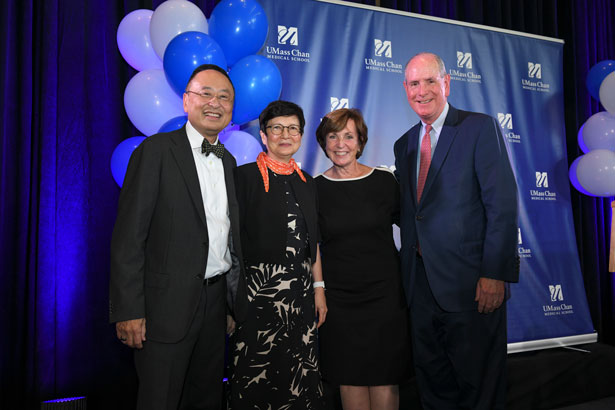 From left, Gerald Chan, his wife, Beryl, Maryellen Collins and Chancellor Collins, following the campus announcement